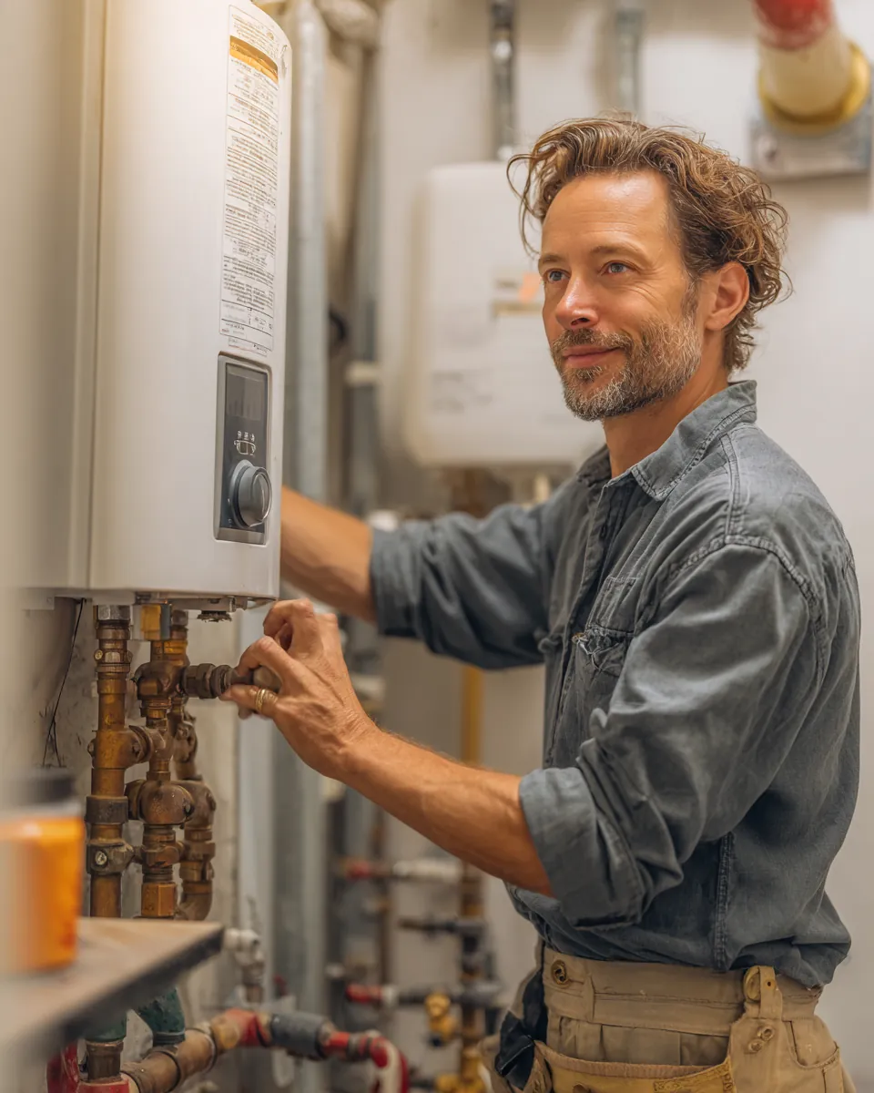 Plumber in his 30s installing a new tankless water heater in a utility room, a project priced in the Northern Star Loan water heater guide