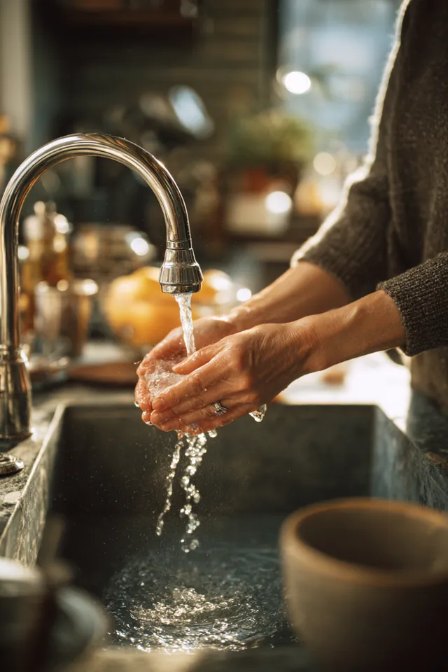 Hands turning on a modern kitchen faucet as warm water steams into the sink after a water heater replacement