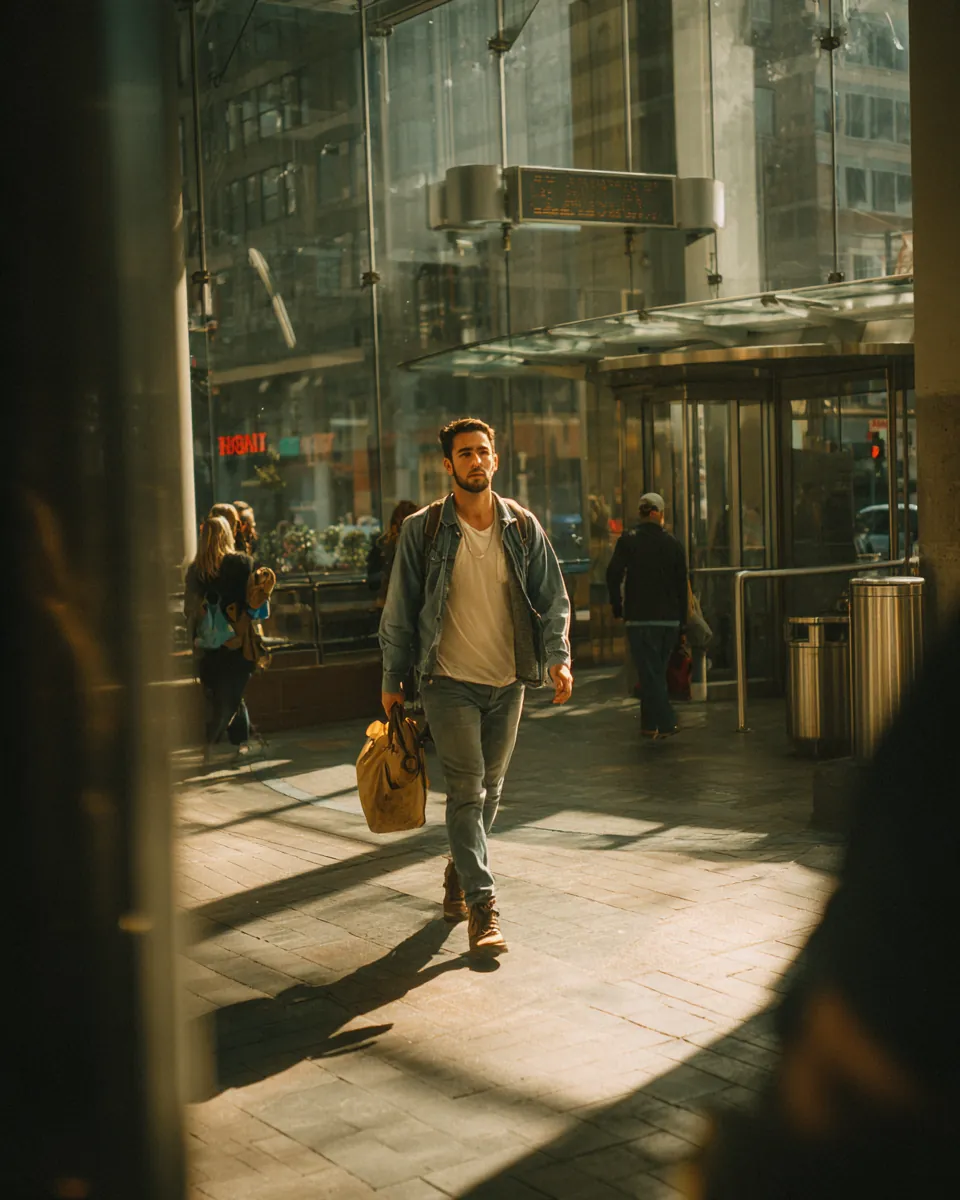 Young man hurrying across a downtown plaza toward a train station entrance, like a borrower checking Northern Star Loan funding timelines