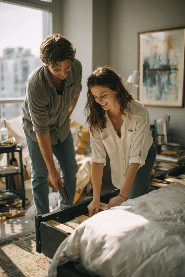 Couple in their 30s putting together a bed frame in their new bedroom after a local move