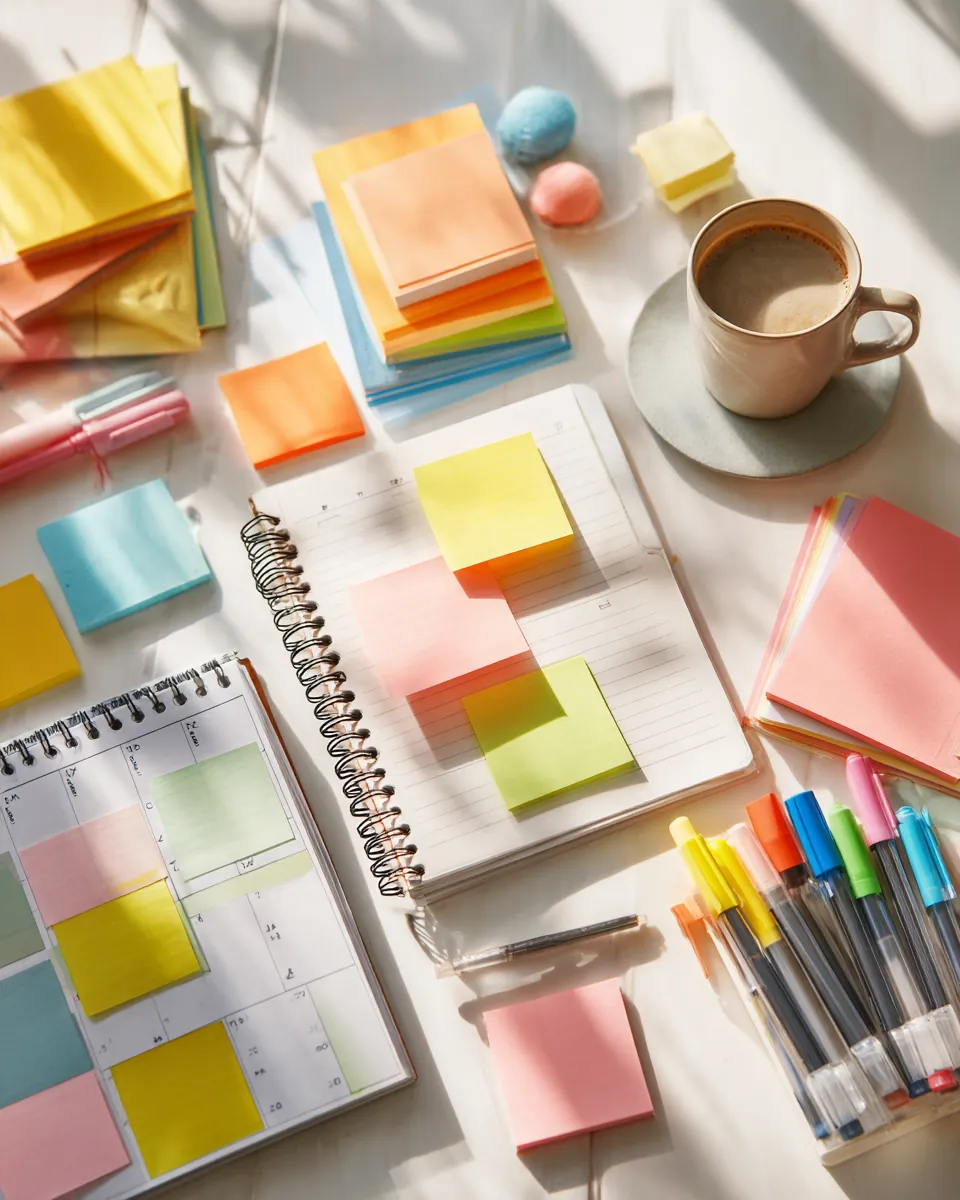 Colorful sticky notes, a month planner and markers organized on a white desk for a Northern Star Loan debt payoff plan