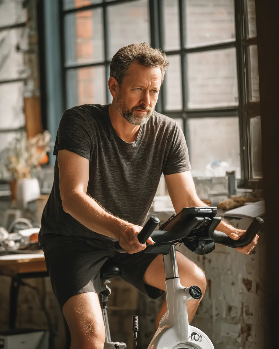 Man in his 40s assembling a new exercise bike in his clean garage, a purchase planned with a Northern Star Loan repayment term guide
