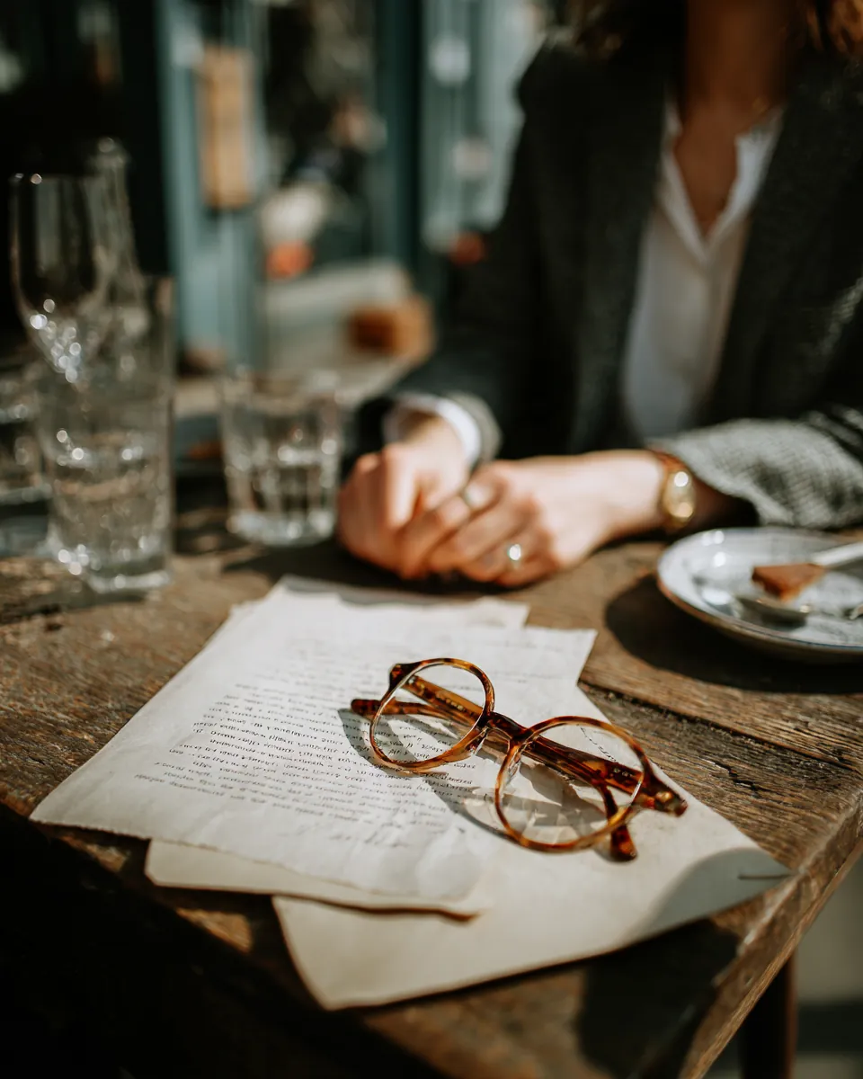 Hands unfolding a printed personal loan offer letter on a cafe table beside a pair of reading glasses