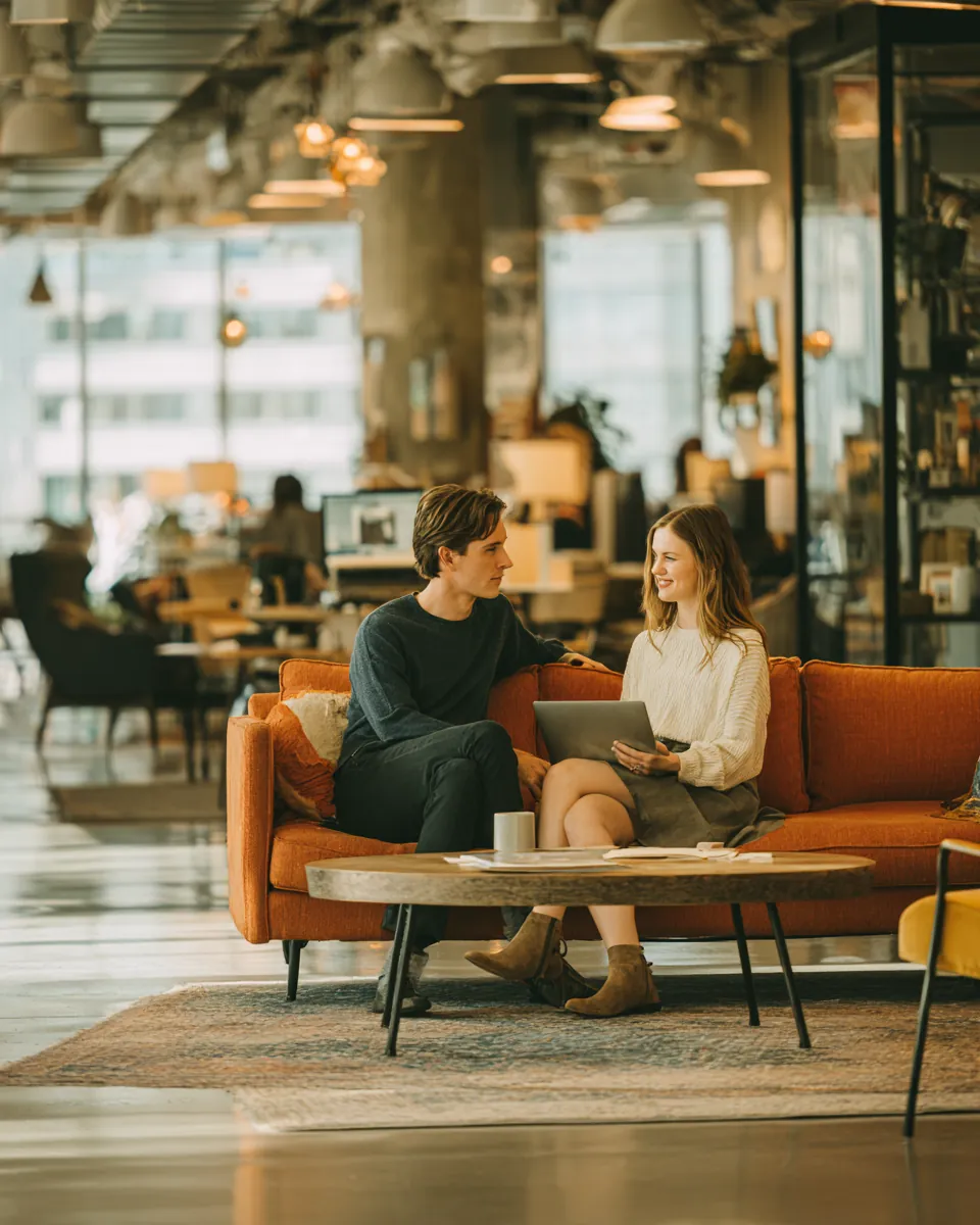 Couple in their 30s testing a sofa in a bright furniture showroom while weighing installment versus revolving credit with a Northern Star Loan guide