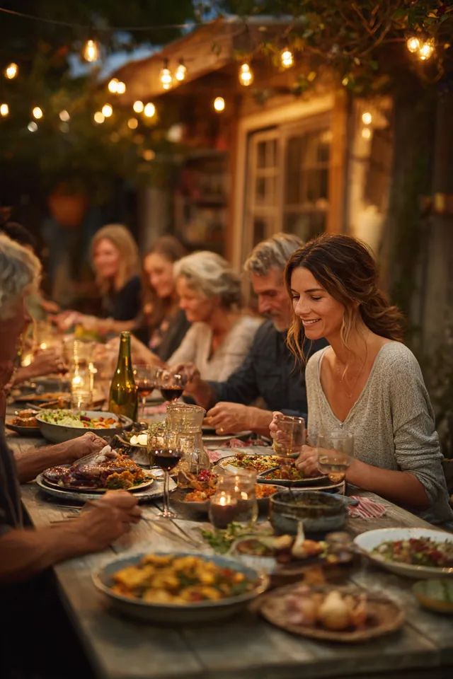 Multi-generational family setting a long backyard dinner table under string lights in the early evening