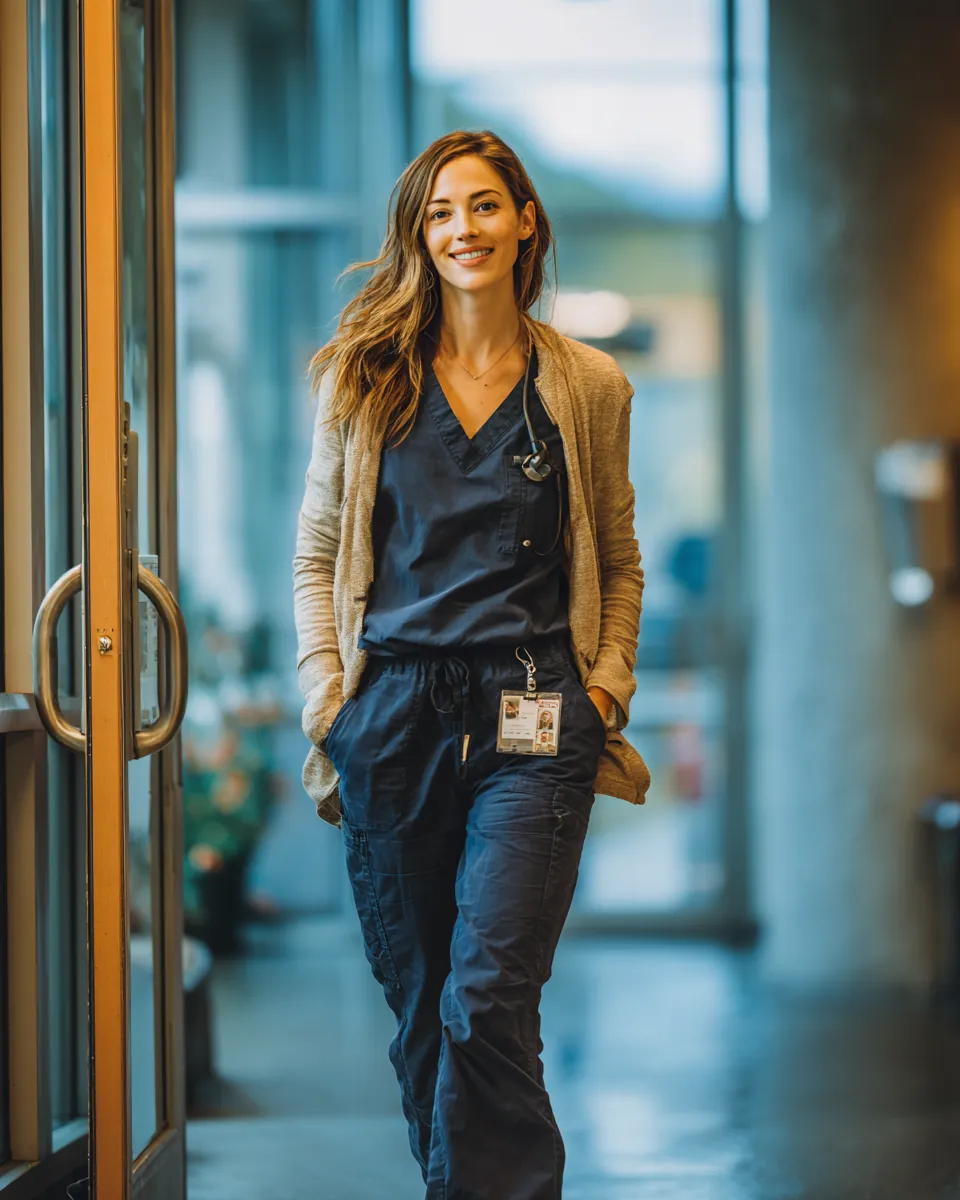 Nurse in navy scrubs walking out of hospital glass doors after her shift, relaxed after using Northern Star Loan to compare personal loan offers