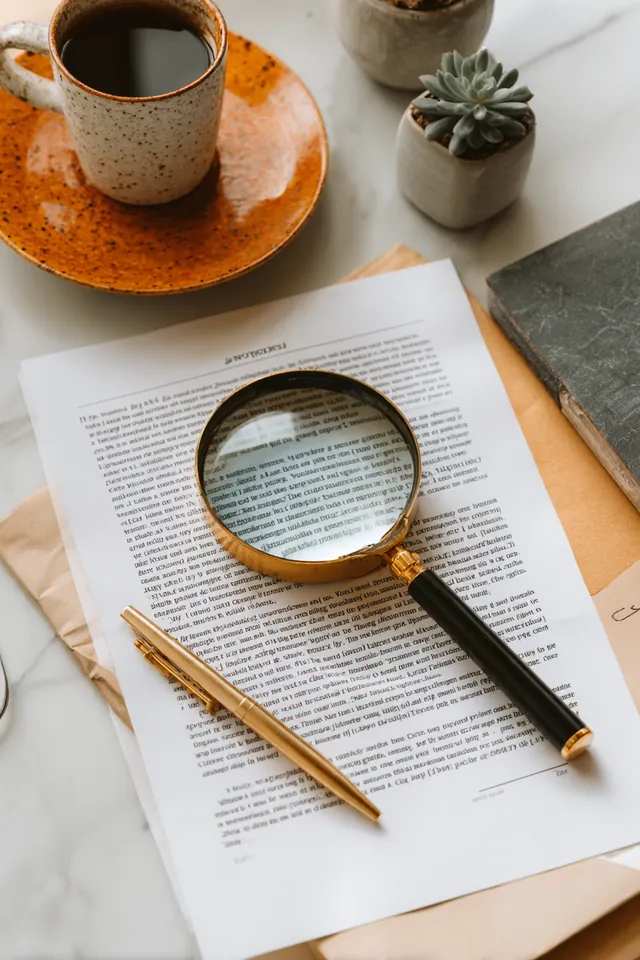 Magnifying glass over a printed loan contract on a white desk, checking terms the way Northern Star Loan recommends