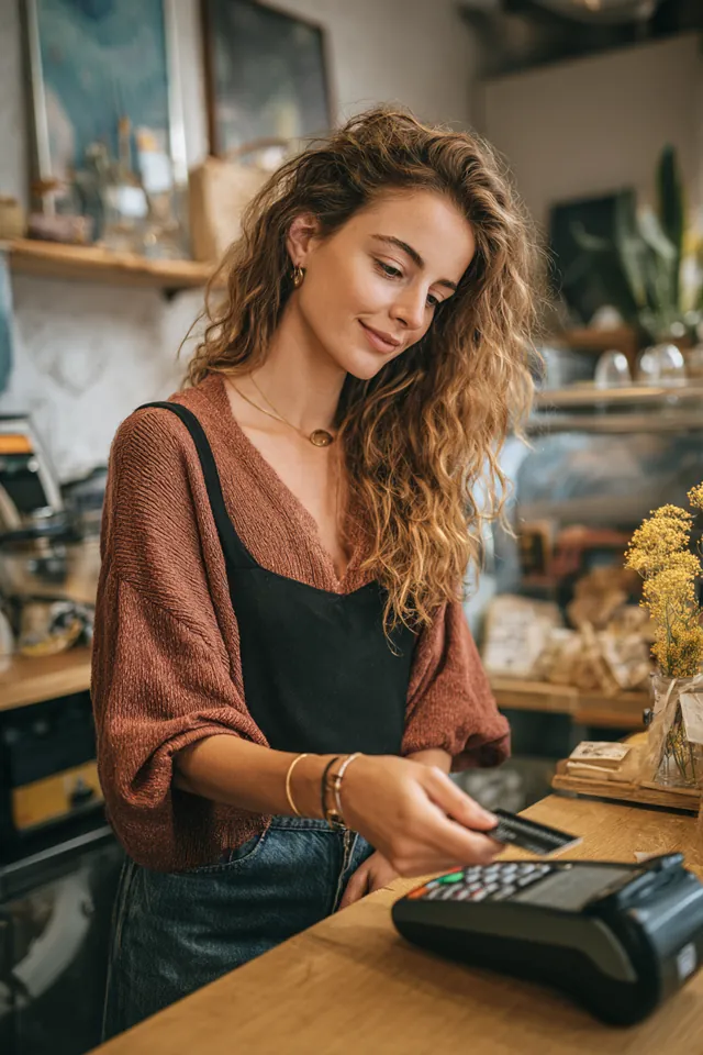 Customer tapping a contactless credit card on a payment terminal at a boutique checkout counter