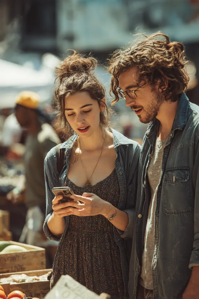 Two coworkers in their 30s browsing a downtown farmers market on their lunch break