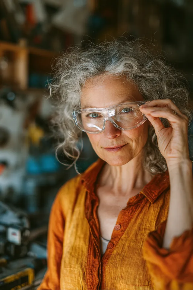 Woman in her 60s adjusting her safety glasses in her home garage workshop before starting a small repair