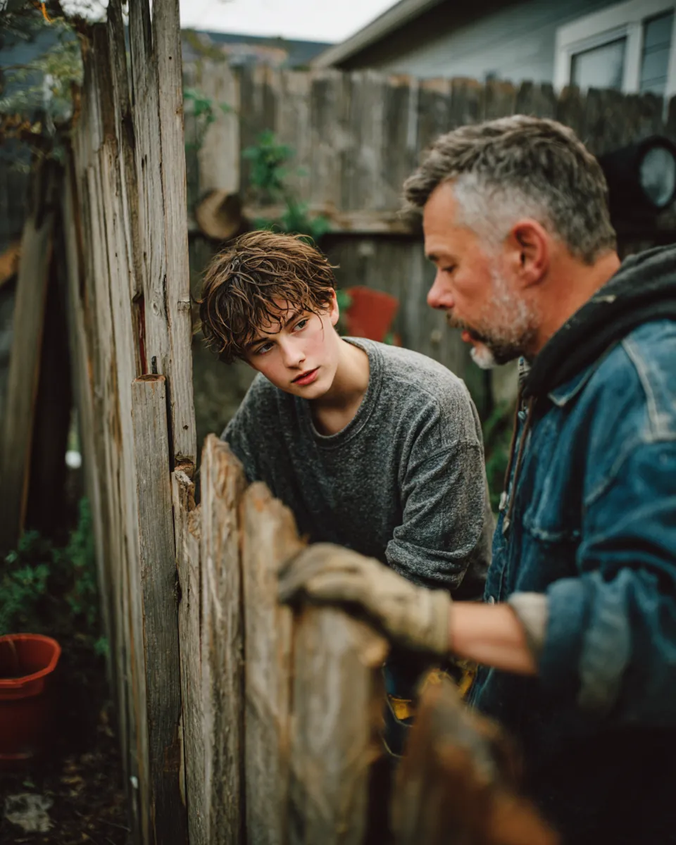 Father and teenage son fixing a broken fence panel in their backyard, a small repair a Northern Star Loan reader might plan for